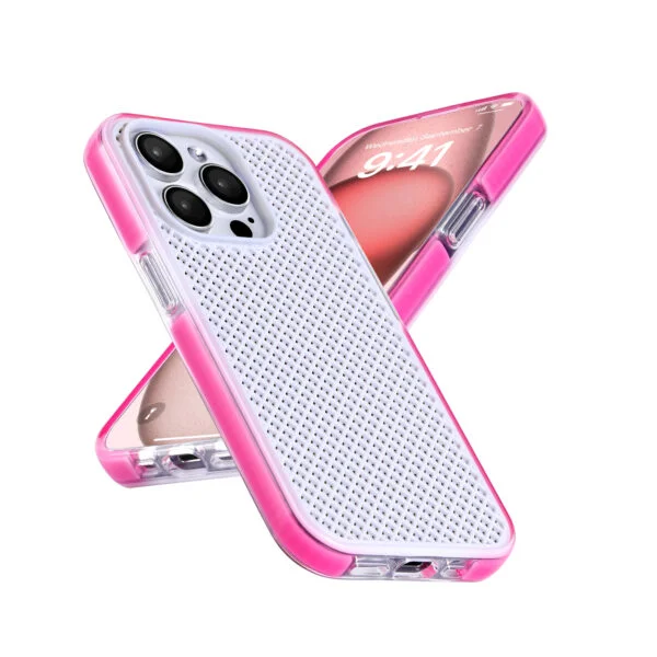 White phone case with pink border, dimensions 6*3.1*0.56 inches, compatible with iPhone 14 Pro 6.1 inches